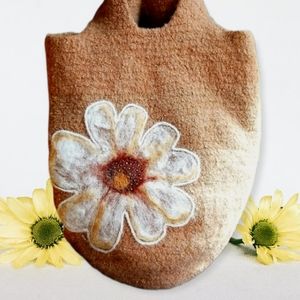 Vintage 1970s 100% Wool Flower Beaded Tote Bag Hand Crafted